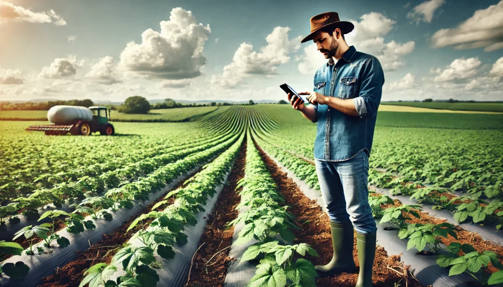 Imagem de Um Fazendeiro Usando Um Smartphone Para Controlar a Saúde Da Plantação